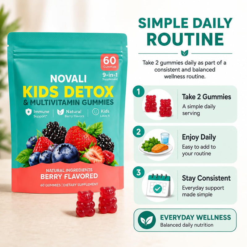 Novali - Kids Detox & Multivitamin Gummies, 9-in-1 with Zeolite, Omega-3, Magnesium, Elderberry, Vitamin D3, Vitamin C, Milk Thistle, Zinc,B12, 60 Gummies
