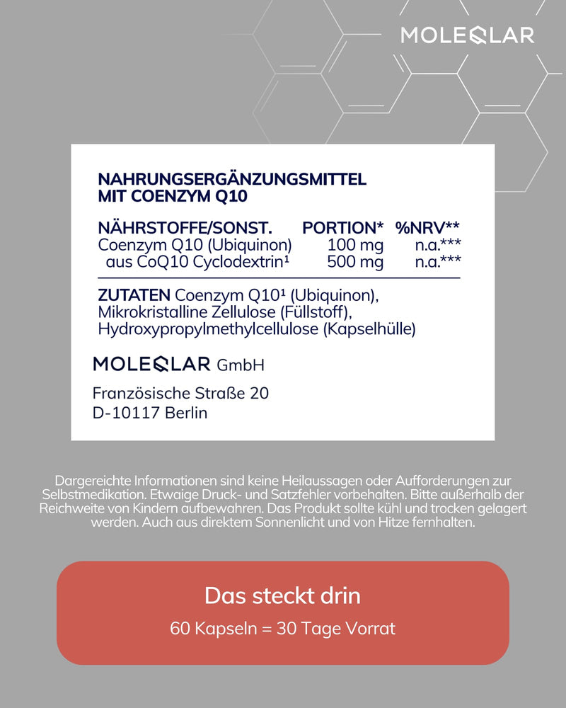MoleQlar Coenzyme Q10 Capsules Pack of 60, Dietary Supplement with Ubiquinone from Fermentation, Capsule Form for Convenient Daily Use, Suitable for 30 Servings, Easy Daily Supplement Intake