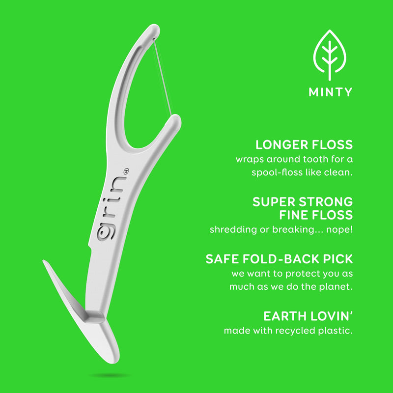 [Australia] - GRIN Clean Flosspyx, Floss Picks, 150 Count, Dental Flossers, Minty Flavor, Recycled Plastic, Super Strong Fine Floss, Tight Teeth, Premium Longer Floss Head, Includes Safe Fold-Back Tooth Pick 150 Count (Pack of 1) 