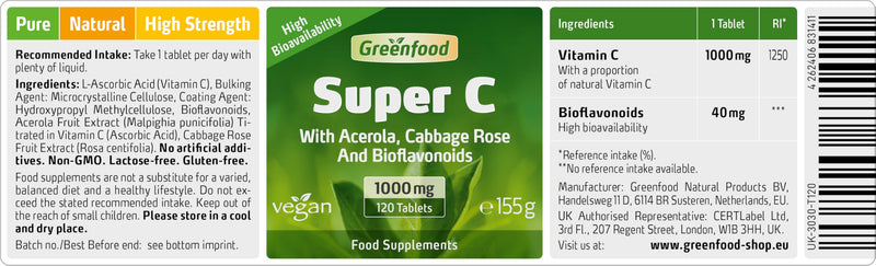 Greenfood Super C, 500 mg Vitamin C, high dose, 120 Tablets - with acerola, Wild Rose and bioflavonoids, contributes to the Maintenance of the Immune System. Without Artificial additives. Vegan.