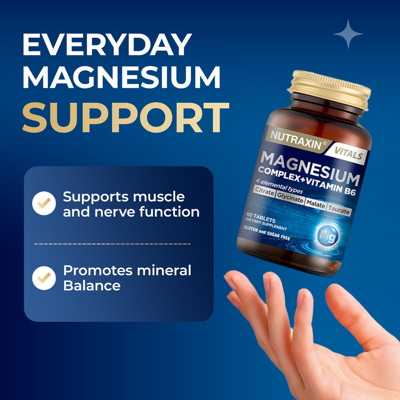 Nutraxin 4-in-1 Magnesium Complex (125g Elemental) + Vitamin B6 for Energy, Muscle Function, Bone & Fatigue - 60 Tablets with Magnesium Citrate, Bisglycinate, Malate & Taurate - Vegetarian Formula Magnesium Complex + Vitamin B6