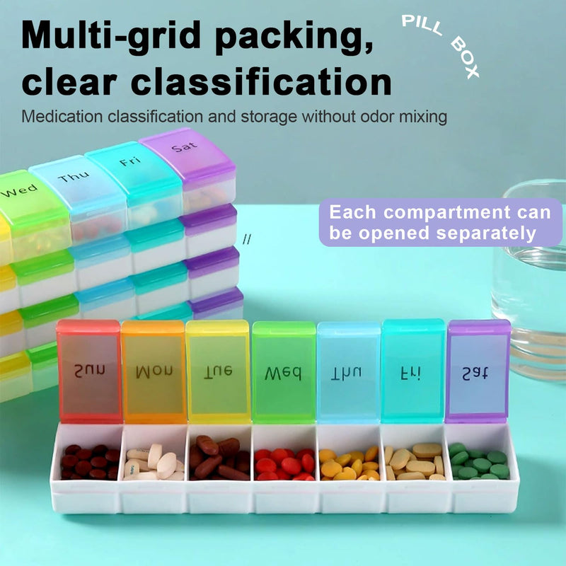 Pill Organizer, Weekly Portable Pill Dispenser, Travel Daily Case | 7 Compartment Medication Planner Case Box Holder for Vitamin, Medicine, Fish Oil, Supplements, Transparent, 7-Color lid Box