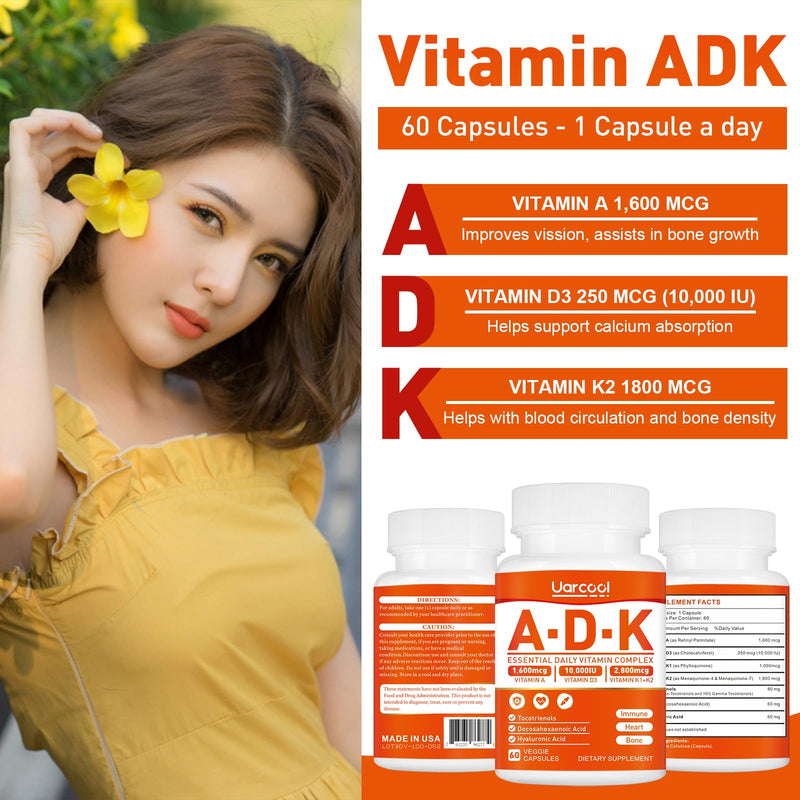 ADK Vitamin Supplement- Vitamin A, Vitamin D3 and Vitamin K, Superior Support for Bone Health, Immunity and Heart - 60 Softgels