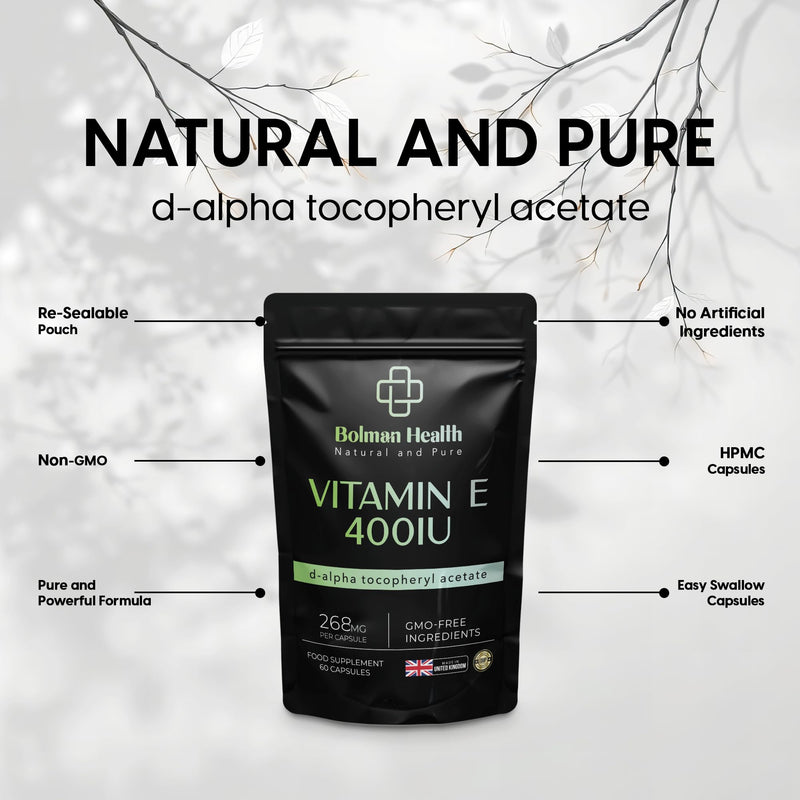 Vitamin E Capsules 400IU | 268mg Per Capsule | d-Alpha Tocopheryl Acetate | Supports Antioxidant Protection & Immune Function | 60 Vegan HPMC Capsules | Non-GMO | Gluten-Free