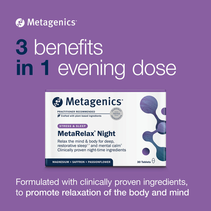 Metagenics MetaRelax Night - Supplement for Bedtime - with Passionflower, Magnesium, Saffron, Zinc & B Vitamins - Vegan - 30 Tablets