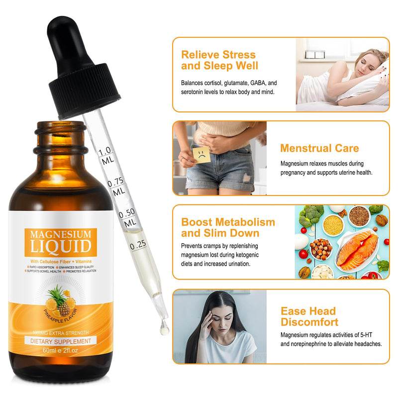Magnesium Glycinate Liquid Drops Liquid Magnesium Complex with Glycinate,Taurate,Cellulose Fiber,Bromelain,Vitamin B6,C,D and Zinc Pineapple 120ml