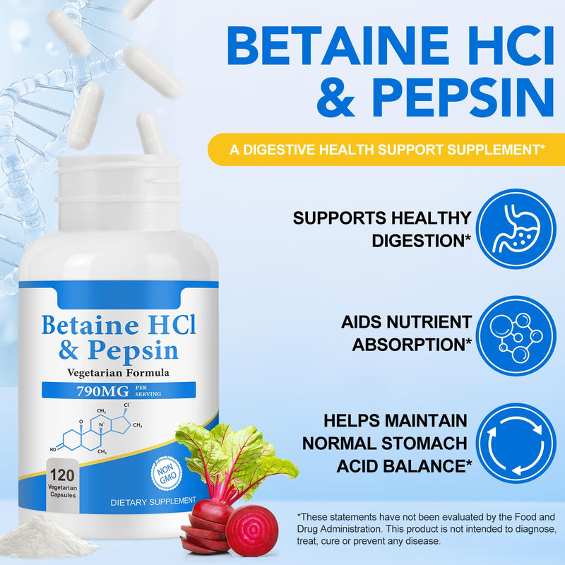 Betaine Hydrochloride (HCl) with Pepsin, 120 Capsules Betaine HCl Capsules Supports Healthy Digestion, Helps Maintain Acid Levels - Gluten Free