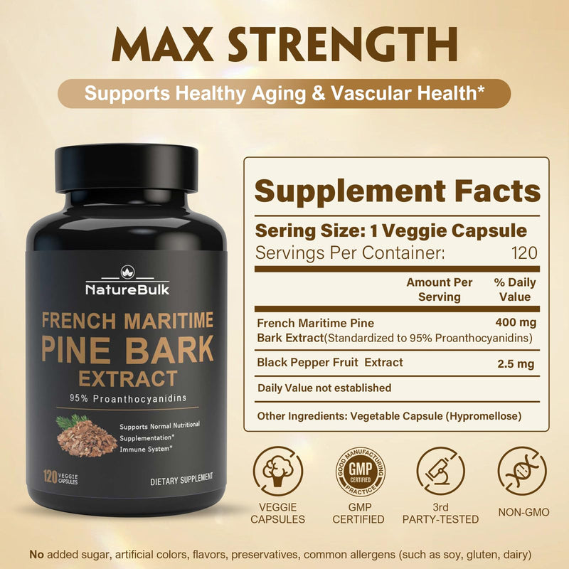 [Australia] - French Maritime Pine Bark Extract 400 mg, 95% Proanthocyanidins - Standardized 30X Extract, 120 Vegan Capsules 