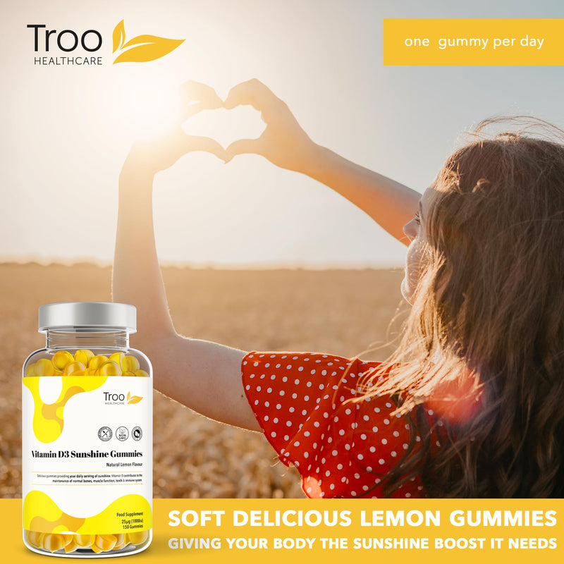 Troo Health Care Vitamin D3 Gummies (1000iu) - Natural Lemon Flavoured - 150 Count for Teens & Adults - 5 Month Supply - Non-GMO, Supports Immune Function, Bone & Teeth Health 150 count (Pack of 1)