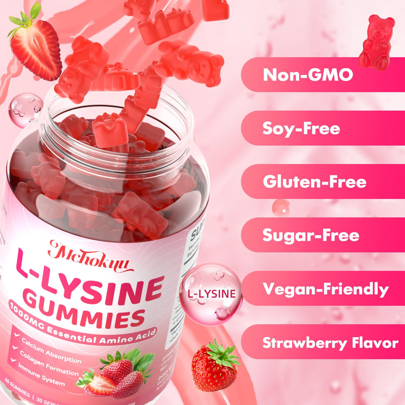 [Australia] - L-Lysine 1000mg Gummies, Chewable Lysine Supplement for Adults & Kids Immune Support, Essential Amino Acid, Vegetarian, Non-GMO, Sugar-Free, Gluten Free, Strawberry Flavor, 60 Counts 60 Count (Pack of 1) 