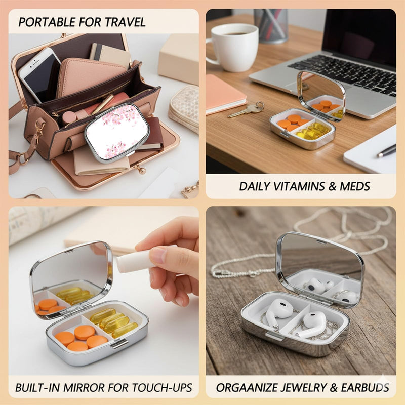 Square Pill Case Small Pill Box with Mirror Pocket 2 Compartment Vitamin Pill Medicine Case Organizer Pill Containers for Traveling Cherry Blossom