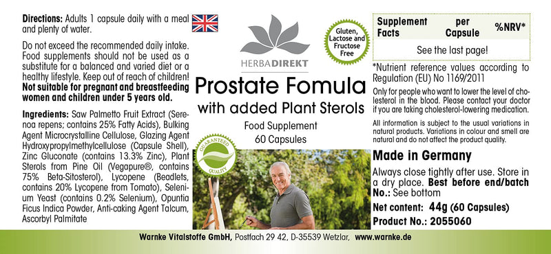 [Australia] - Prostate capsules - with saw palmetto, zinc, selenium, betasitosterol & lycopene - 60 capsules | HERBADIREKT by Warnke vital substances - German pharmacy quality 