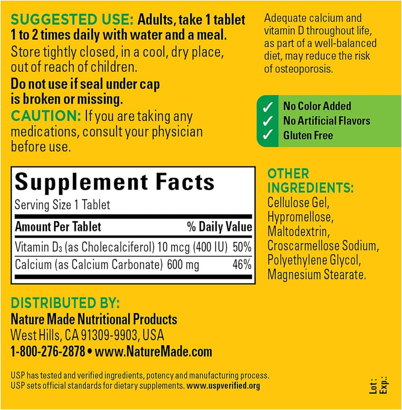 Nature Made Calcium 600 mg with Vitamin D3, Dietary Supplement for Bone Support, 220 Tablets - Pack of 2 220 Count (Pack of 2)