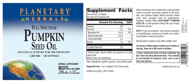 [Australia] - Planetary Herbals Full Spectrum Pumpkin Seed Oil, Botanical Support for The Prostate*, 1,000 mg - 180 Count 