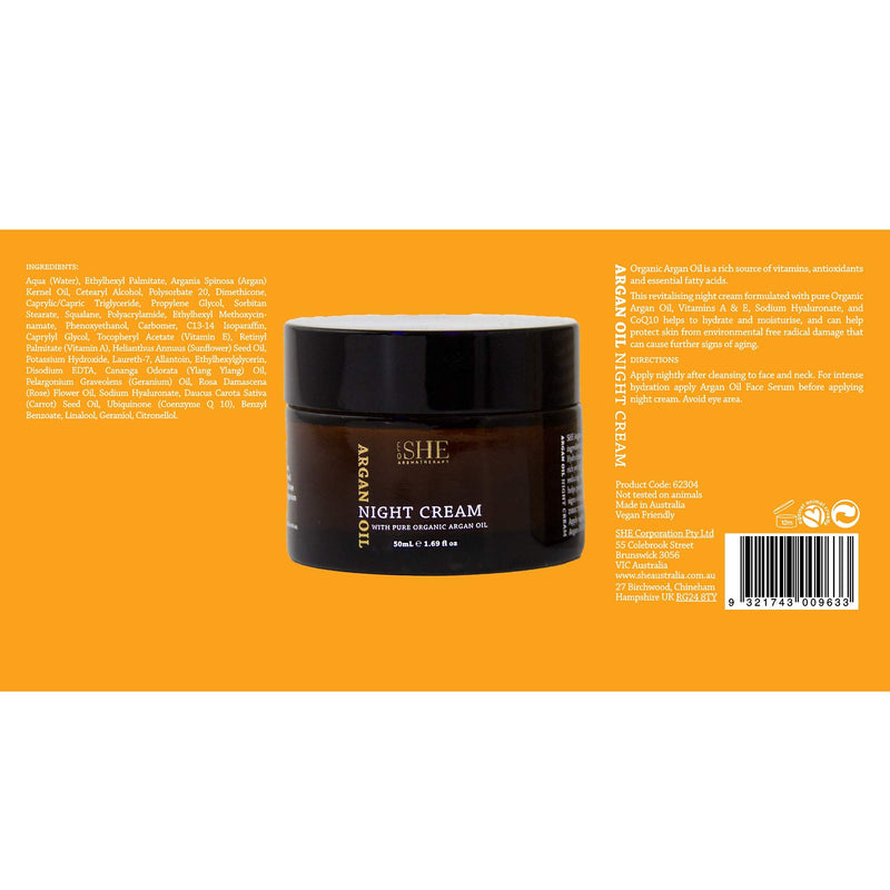 SHE Aromatherapy Argan Oil Night Cream 1.69fl oz - Nourishing and Hydrating, Smooths, Soothes and Softens, Organic Argan Oil, Vitamin E. Australian Made.