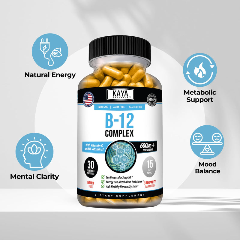 Kaya Naturals B-12 Complex Multivitamin for Women & Men, 30 Count | Energy and Metabolism Booster, With Biotin, Choline, Inositol, Folate and Vitamin C 30 Count (Pack of 1)
