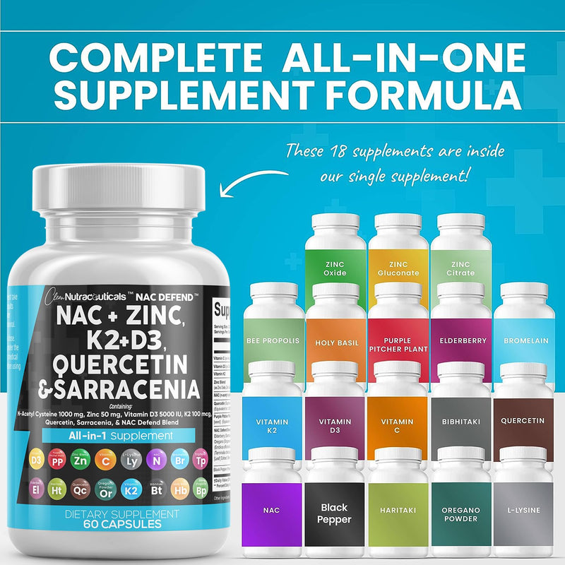 [Australia] - Clean Nutraceuticals NAC Supplement N-Acetyl Cysteine 1000mg Vitamin D3 K2 Zinc Quercetin 1000mg Sarracenia Purpurea 1000mg with Elderberry Holy Basil Bee Propolis Bromelain L-Lysine - 60 Count 
