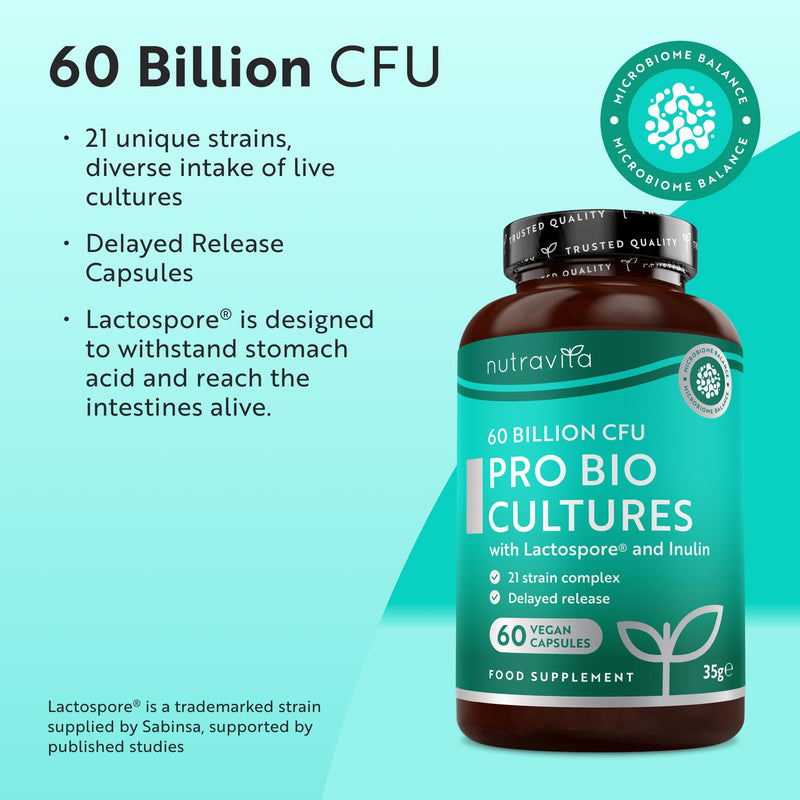Nutravita 60 Billion CFU Probiotic Cultures, Scientifically Backed Lactospore®, 2 Packs of 60 Vegan Capsules, Enteric Coating to Ensure Probiotics are Delivered Directly to The Gut, Made in the UK 60 count (Pack of 2)