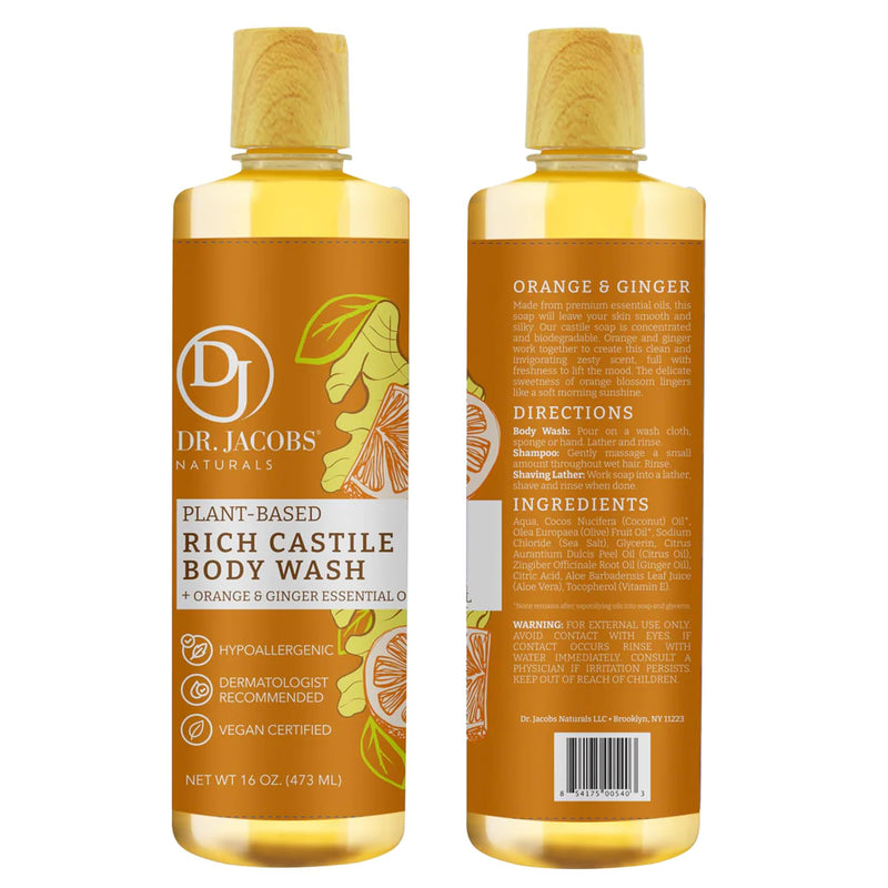 Dr. Jacobs Naturals Pure Castile Soap Liquid Body Wash, Orange & Ginger - Plant Based Soap Infused with Vitamin E & Aloe Vera to Moisturize Dry and Sensitive Skin - Made in The USA - 16 oz Orange-Ginger 16 Fl Oz (Pack of 1)