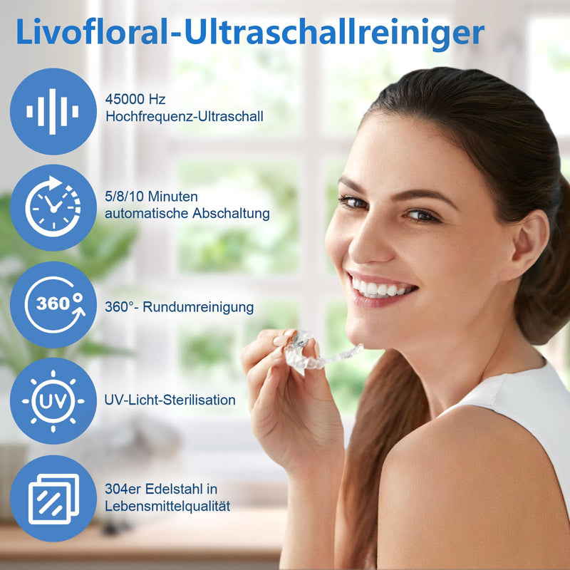 [Australia] - Livofloral UV Ultrasonic Cleaner for Dentures, UV Ultrasonic Cleaner 45kHz / 255ML / 3 Time Function Portable Ultrasonic Device for Dentures Jewelry Toothbrush Head Aligner Retainer, White White 255 ml 