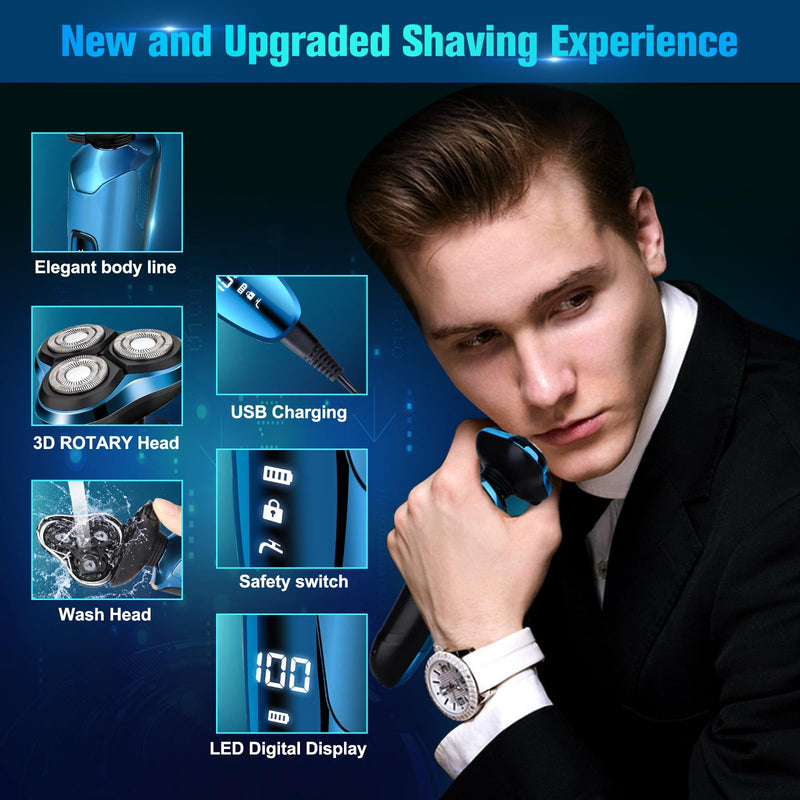 Electric Razor for Men, Cordless 3D Rotary Head Shavers for Men Face, Wet/Dry Waterproof, LED Display, Ideal Gift for Husband/Dad/Boyfriend (Blue) A2-blue