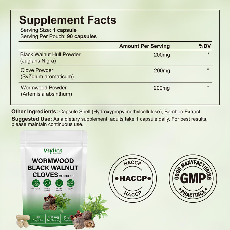 Wormwood Clove and Black Walnut Capsules - Parasite Cleanse Tincture for Humans - Candida Cleanse & Gut Support Colon Detox - 100% Natural Herbal Intestinal Support - Vegan - 90 Capsules