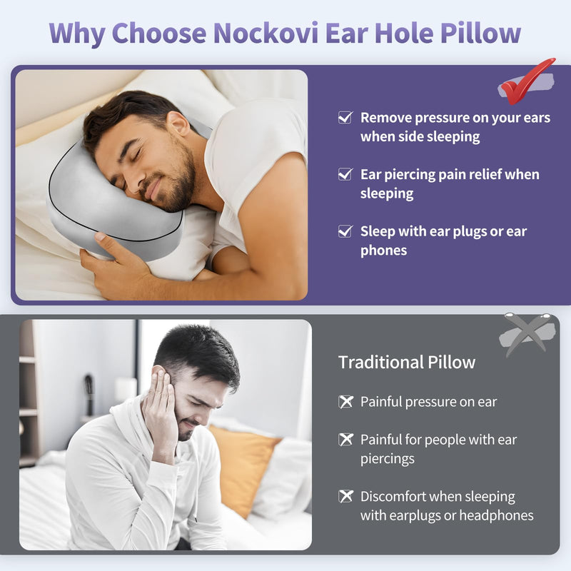 [Australia] - Orthopedic Ear Piercing Pillow for Side Sleepers, Pain Relief Design with Removable Cover and Ear Hole, 12x19 Inch Pierced Ears Support Pillow With Silver Gray Artificial Silk Pillowcase 