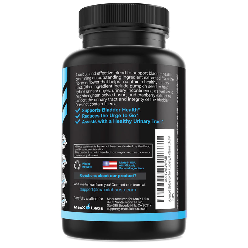 Advanced Bladder Control Supplements for Women & Men with Vitamin D3, 60 Ct | Supports Urinary Tract Health and Helps Overactive Bladder - Cranberry Pills with Pumpkin Seed Extract by MaxX Labs 60 Count (Pack of 1) Advanced Bladder Control