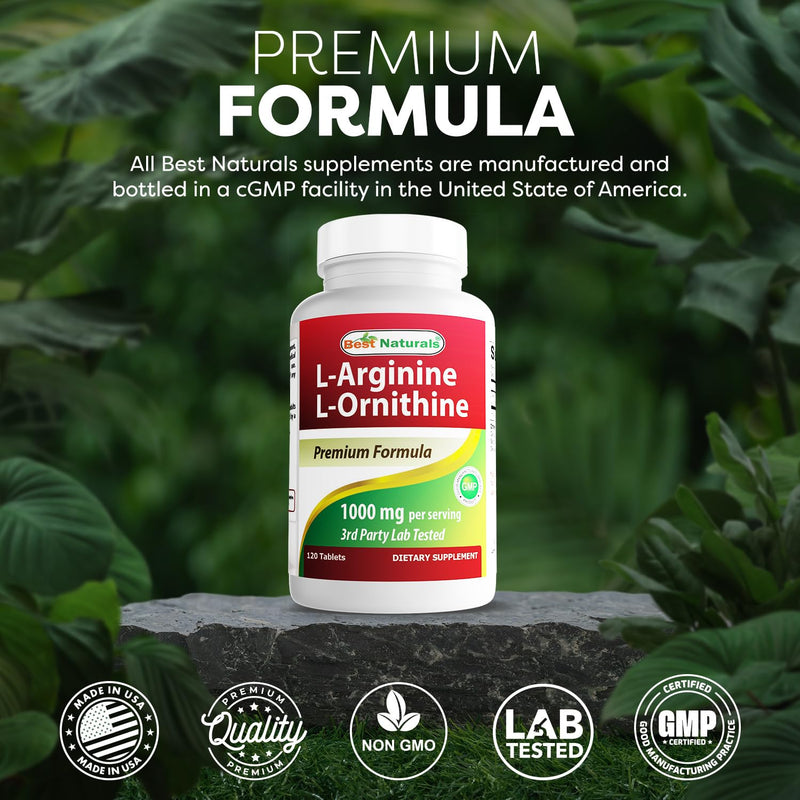 Best Naturals L-Arginine L-Ornithine - 1000mg per Serving - 120 Tablets - Non-GMO & Gluten Free (120 Count (Pack of 3)) 120 Count (Pack of 3)