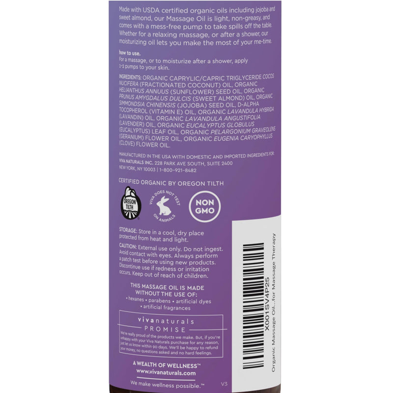 [Australia] - Viva Naturals Organic Massage Oil (8 fl. oz.) - Lavender Scented Relaxing Body Massage Oil for Massage Therapy - Perfect for Home Use & Professional Massages - Non-Greasy and Non-Sticky Formula 