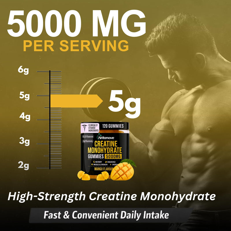 Sugar-Free Creatine Monohydrate 5000mg Gummies, 120 Count, Mango Flavour, High-Strength Creatine Gummy Supplement for Workout & Gym Support for Men & Women