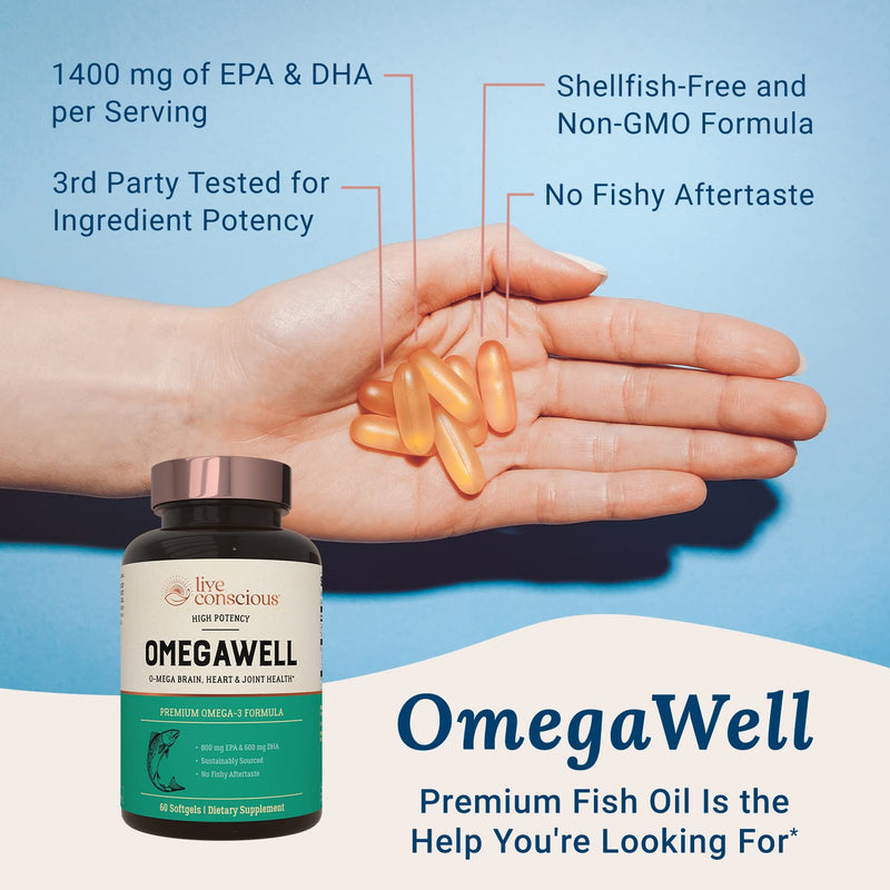[Australia] - OmegaWell Fish Oil: Heart, Brain, and Joint Support | 800 mg EPA 600 mg DHA - Lemon Flavor, Enteric-Coated, Sustainably Sourced - Easy to Swallow 120 Count (2-Pack) 60 Count (Pack of 2) 