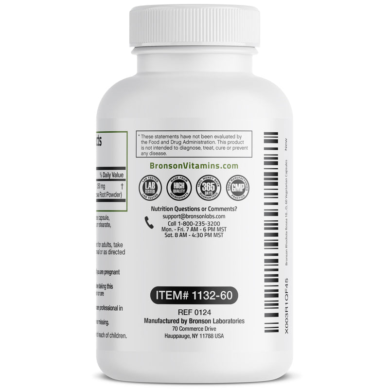 [Australia] - Bronson Rhodiola Rosea Vegetarian Capsules - Adaptogenic Herb - Brain, Stress & Mood Support - Non-GMO, 60 Count Unflavoured 60 Count (Pack of 1) 
