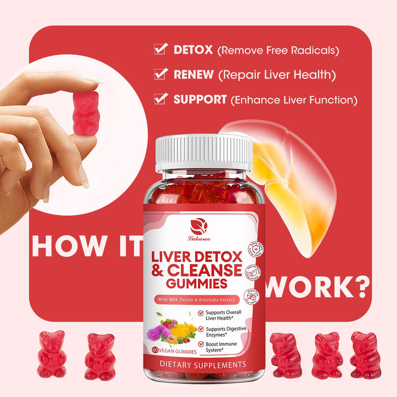 [Australia] - Liver Cleanse Detox & Repair Gummies - Milk Thistle, Dandelion, Artichoke Extract & Elderberry - No Sugar, Raspberry Flavor - 120 Count 