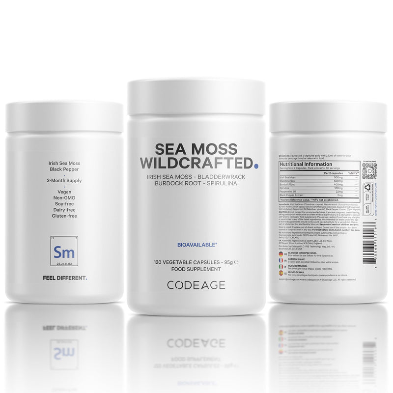 Codeage Raw Wildcrafted Irish Sea Moss Supplement – with Bladderwrack, Burdock Root, Spirulina, BioPerine & Peppermint Oil – Vegan, Non-GMO – Superfood Mineral Complex – 120 Capsules