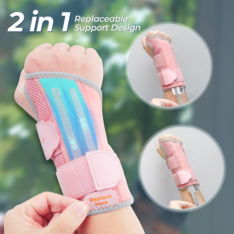 2 in 1 Carpal Tunnel Wrist Brace, 3 Adjustable Stability Wrist Support, Customized Wrist Splint with Replaceable Springs (Right - Pink, S/M) Right-Pink