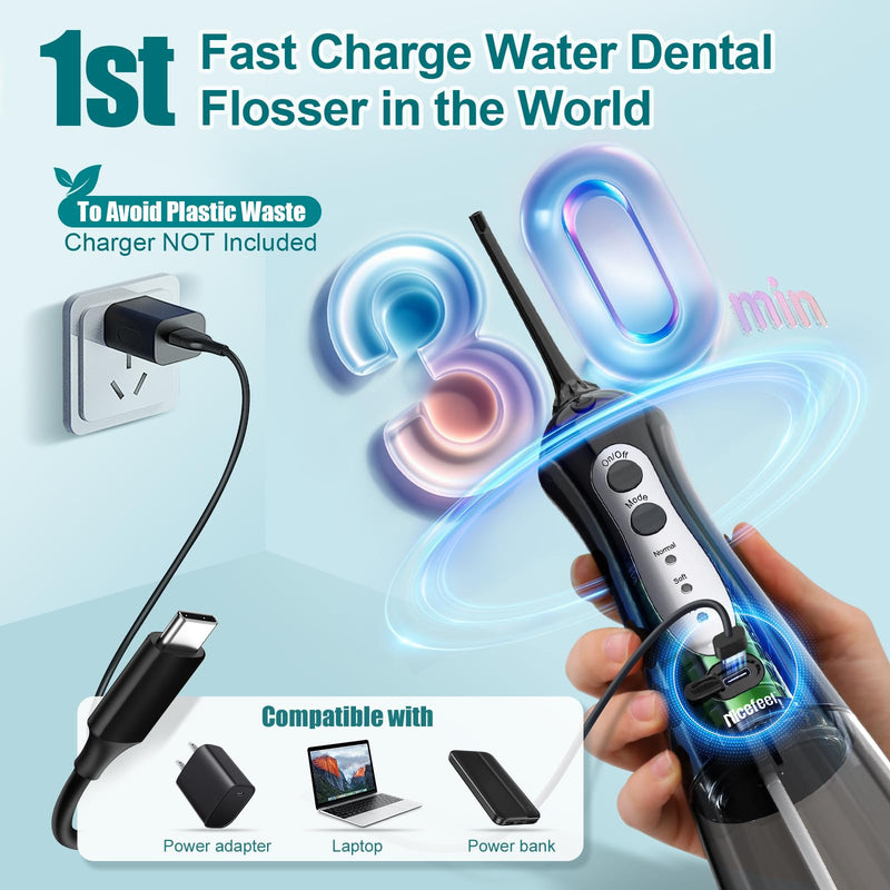 [Australia] - Nicefeel Cordless Water Dental Flosser ‚Äì 300ML BPA-Free Portable Oral Irrigator, 3 Cleaning Modes, Fast Charge, IPX7 Waterproof for Teeth, Gums & Tonsil Stones ‚Äì Home & Travel Use Dark Black 