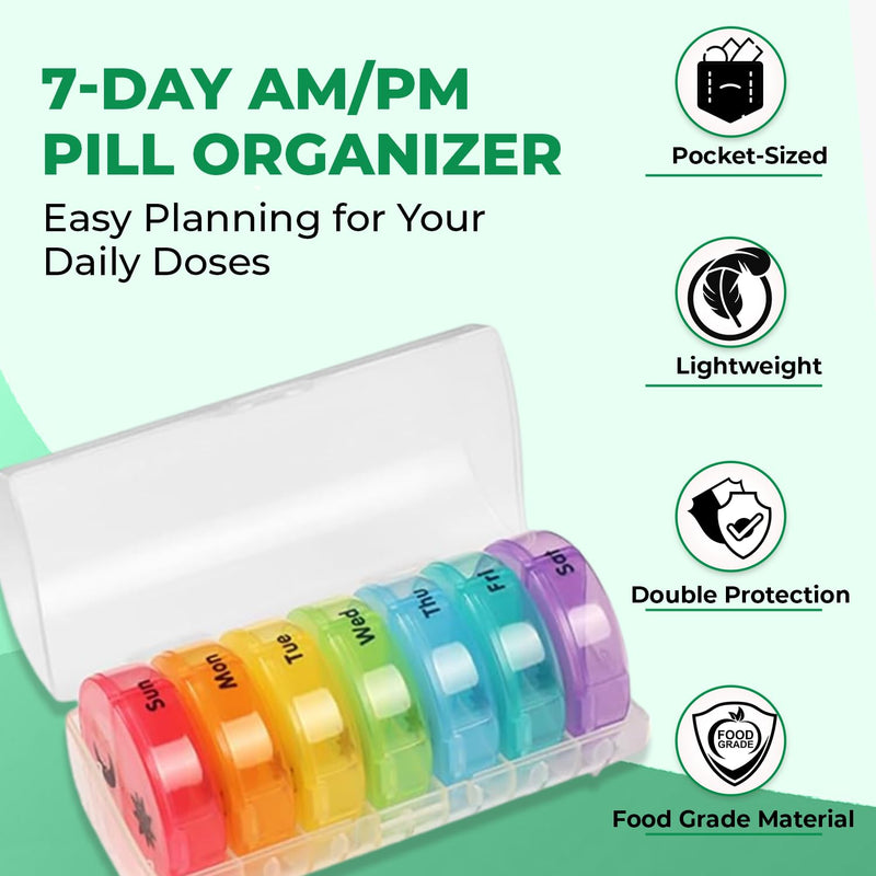14 Compartment Pill Organizer — Portable Weekly Pill Box 7 Day 2 Times A Day — Am/Pm Pill Case for Medicine, Vitamins, Supplements — BPA Free Travel Large Pill Sorter for Day & Night, Clear