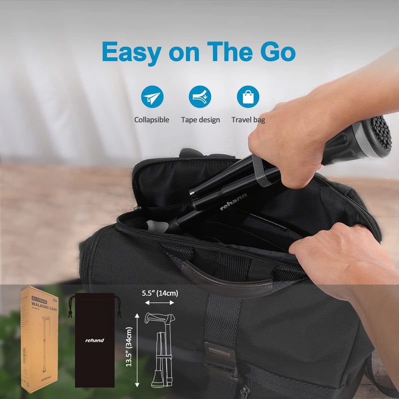 [Australia] - REHAND Walking Cane - Foldable, Adjustable, Collapsible Walking Canes for Men & Women, Heavy Duty All Terrain Tip, with Travel Bag | Walking Sticks for Seniors & Adults Natural Black 