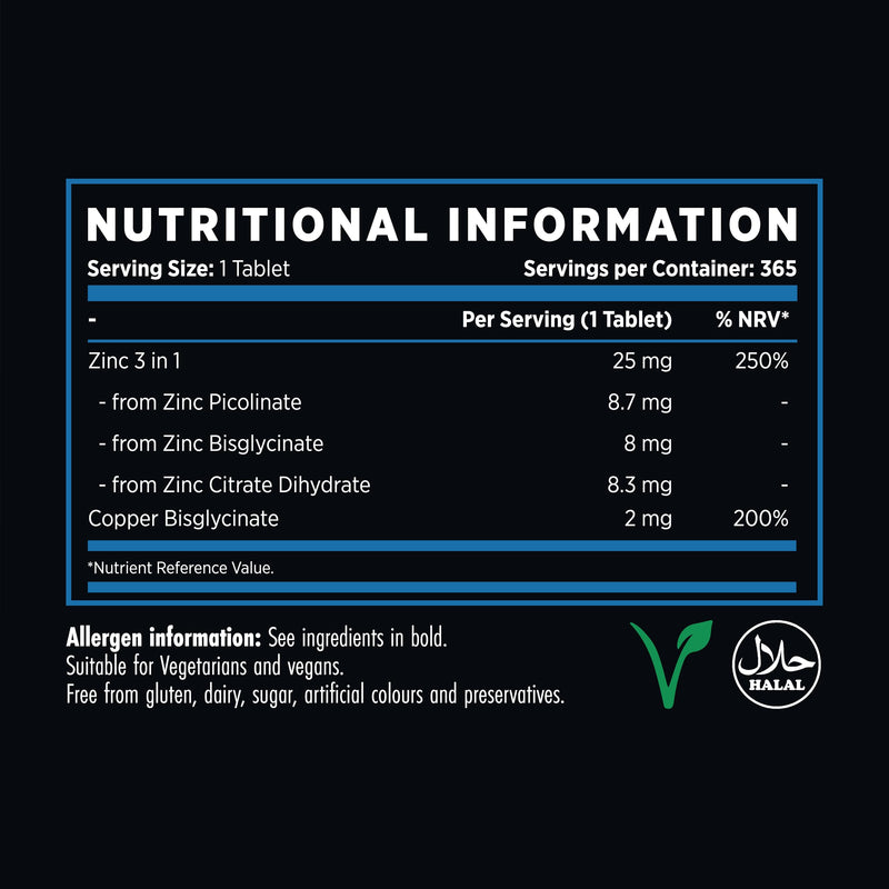 Refined Nutrition Ultra 3-in-1 Zinc Tablets | 25mg High Strength Zinc Picolinate, Bisglycinate & Citrate with Copper | 365 Vegan Supply (1 Year) | Immune System & Skin Support | UK Made 365 count (Pack of 1)