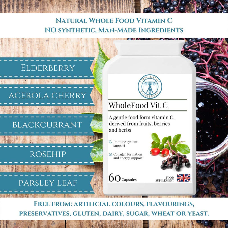 WholeFood VIT C - 100% Natural - NO Ascorbic Acid - HIGH Bioavailability - Acerola Cherry, Rosehip, Blackcurrant, Parsley Leaf, Elderberry - 60 Capsules