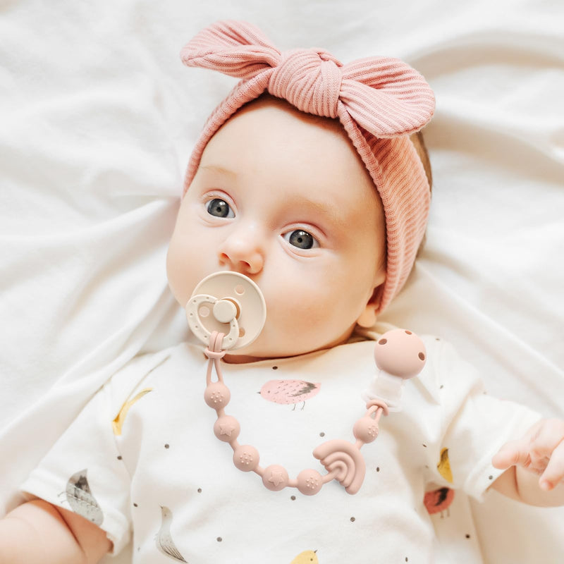 [Australia] - Baby Pacifier Clips One Piece Binky Clip Holder Silicone Teether Clip Pacifier Straps with Clip Baby Teether Toys for Boys and Girls Set of 3 Andy Bear-Ivory+Sage+Blush Ivory+Sage+Blush 
