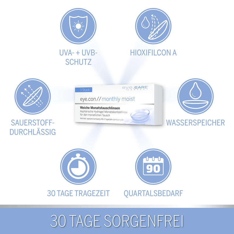 [Australia] - Eye.Con Monthly Moist soft monthly lenses - 3 hydrogel contact lenses with strength for sensitive eyes. Contact lenses with 55% water content BC 8.6mm, DIA 14.3mm (-2.75, 8.6, millimeter, -2.75) 8.6 millimeter 1 piece (pack of 3) 