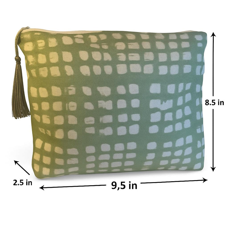 Handmade Canvas Cosmetic Bag with Tassel, Abstract Green Dot Pattern, 9.5 x 8.5 x 2.5 inches