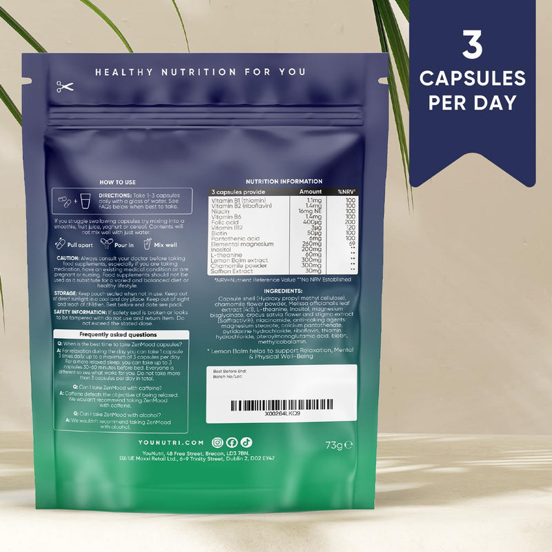 ZenMood for Relaxation, Mental & Physical Well-Being with Lemon Balm, Magnesium Bisglycinate, L-Theanine, Chamomile and Saffron | Stress Relief & Mood Support | UK GMP and Lab Tested | 1 Month Supply
