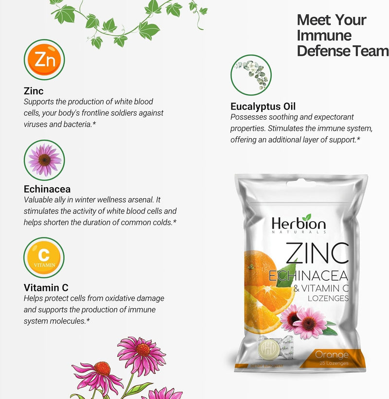 HERBION Naturals Zinc, Echinacea & Vitamin C Lozenges 25 CT, Dietary Supplement for Adults & Children 5+, Promotes Wellness for the Whole Family, 25 Count, Orange, Pack of 1 25 Count (Pack of 1)