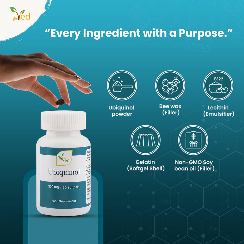 Ved Ubiquinol Softgel| Active Form coq10 | High Absorption | 300mg (180 Count,6 Months Supply) 180 Count ,6 months supply
