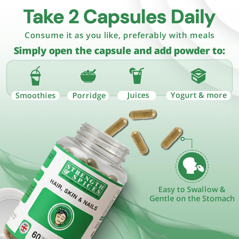 Strength & Spices Hair, Skin & Nails 100% Natural Supplement – 20 Ingredients w Biotin Selenium & Zinc - 60 Vegan UK Made 1000mg Capsules