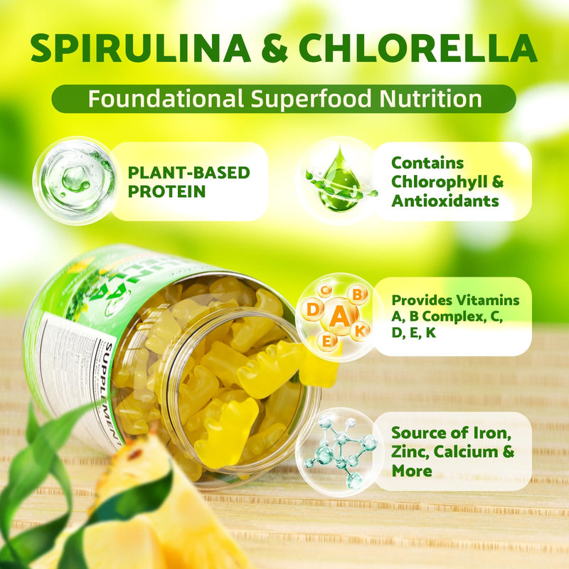 Spirulina Chlorella Gummies, Support Energy, Immune System & Antioxidant | Super Greens Blend with Protein, Chlorophyll, Vitamin C, D3, B12, Zinc, Pineapple Flavor, 60 Count 60 Count (Pack of 1)