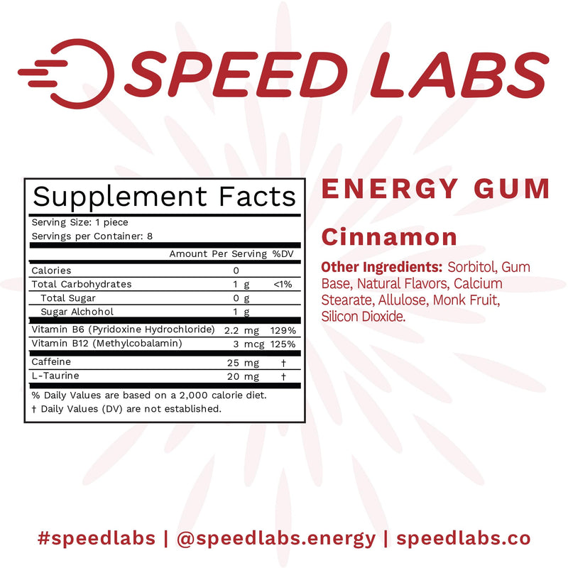 [Australia] - Speed Labs Cinnamon Natural Caffeine Energy Gum 25mg Caffeine, Taurine, B Vitamins Per Piece, 48 Pieces (6 Packs of 8) Sugar Free, Zero Calories, Naturally Sweetened, Gluten Free 
